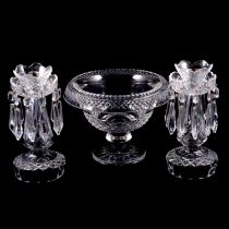 Waterford Crystal pedestal fruit bowl, and a pair of lustres