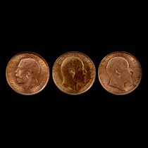 Three Gold Full Sovereign coins, Edward VII 1907 x 2, George V 1914.