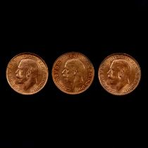 Three Gold Full Sovereign coins, George V, 1913/1914/1929.
