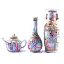 Cantonese bottle vase, another vase, and a small teapot