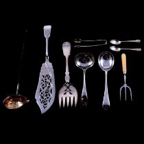 Set of twelve silver teaspoons and tongs, cased, toddy ladle and other silver plated cutlery,