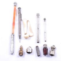 Agate and white metal fountain pen, white metal pencils, scent bottle and other collectables.