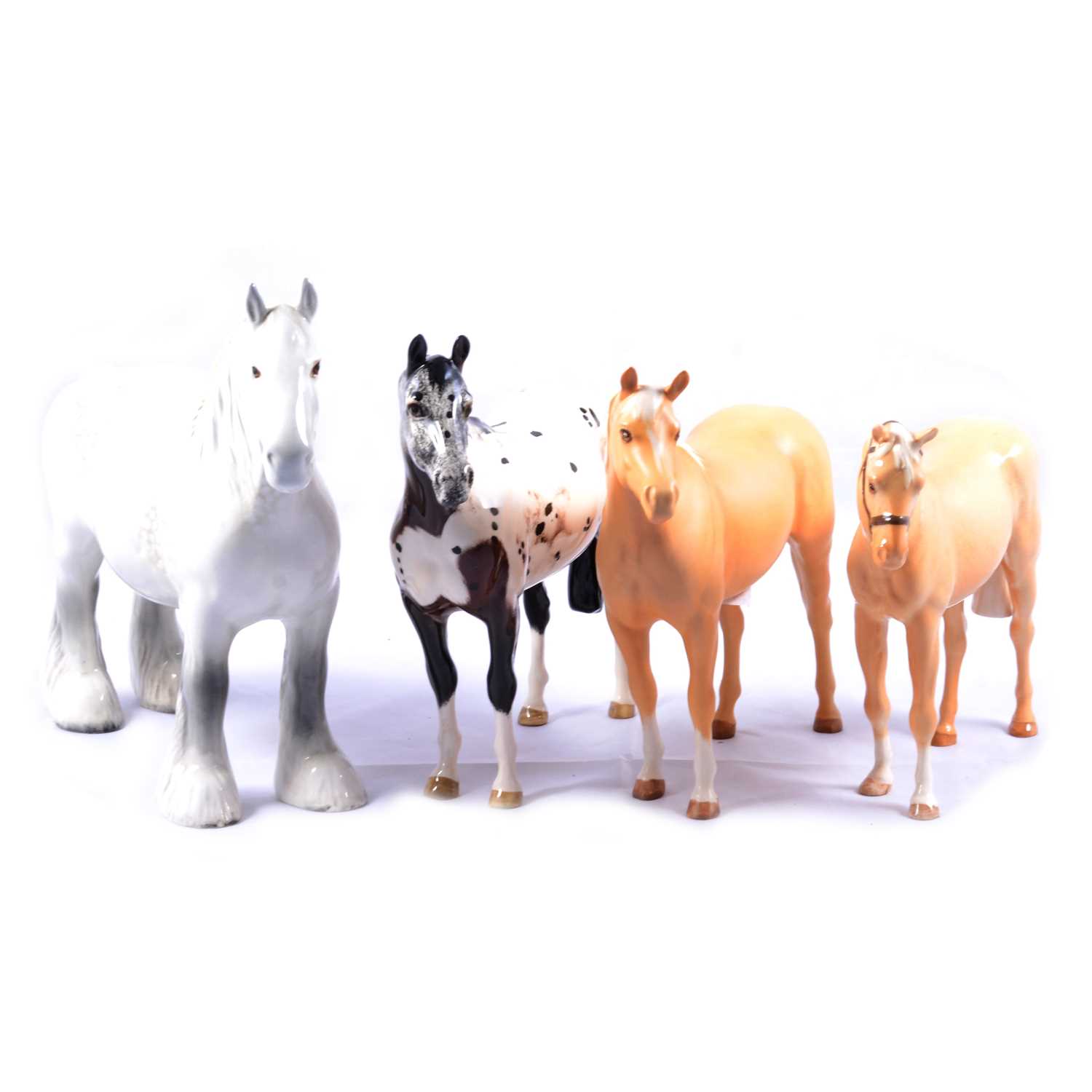 Beswick Appaloosa horse, grey Shire Mare, two Palomino horses.