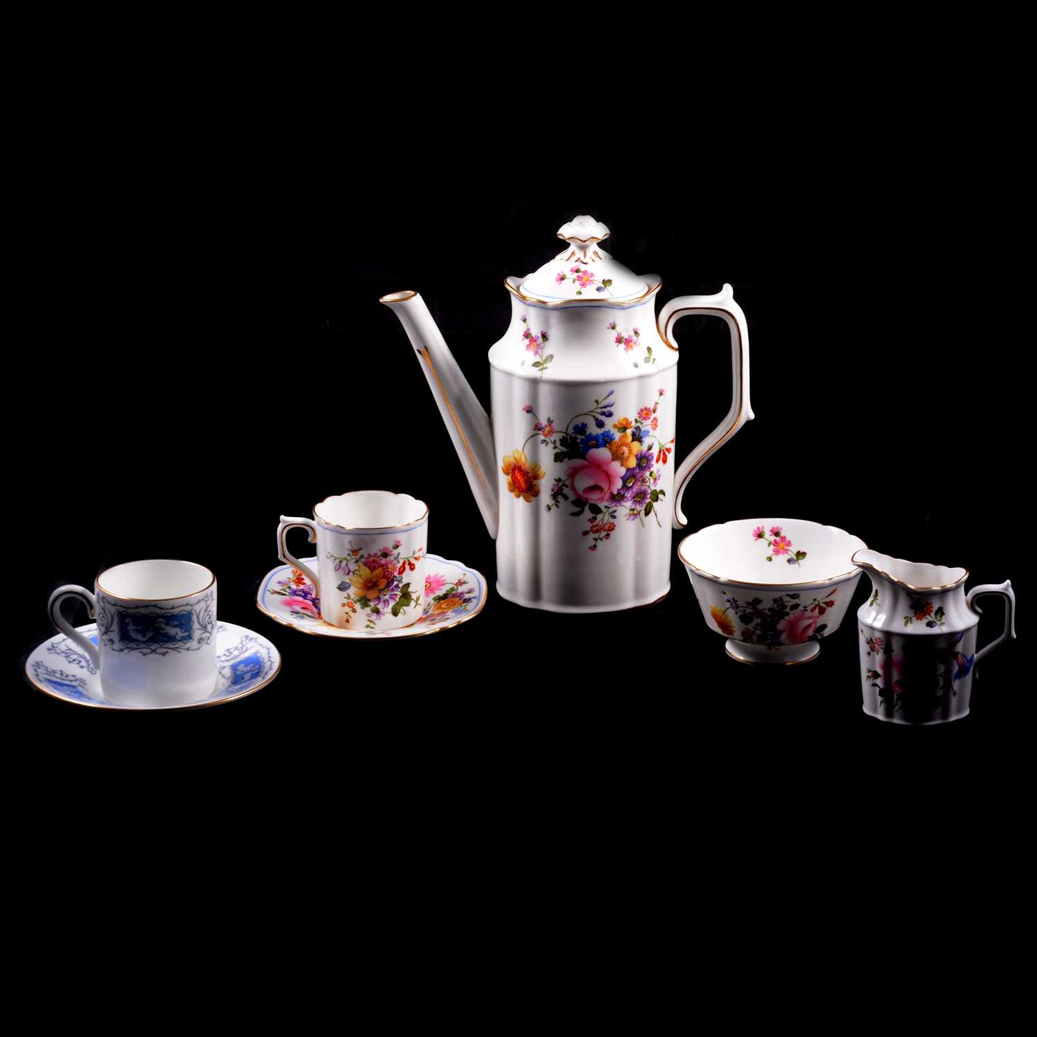 Crown Derby 'Derby Posies' coffee set, and a Coalport coffee set