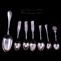 An 18th century silver tablespoon, William Soame, London, and other flatware.