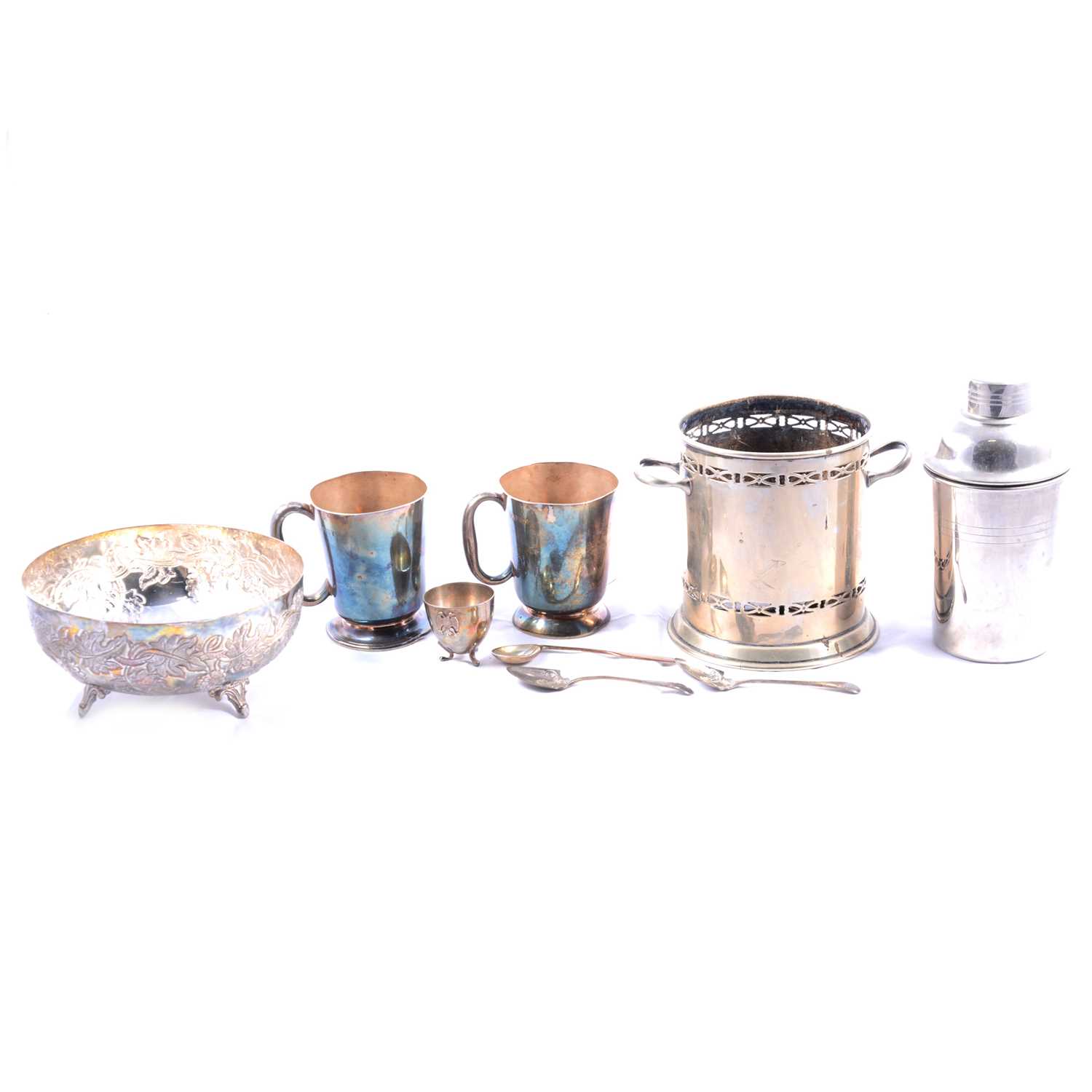 Greek white metal bowl, silver jam spoons, and silver-plated wares.