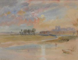 Attributed to Hercules Brabazon Brabazon, Ruin and fisherman by a river.