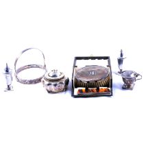 Silver tea caddy, three-piece silver condiment set, etc