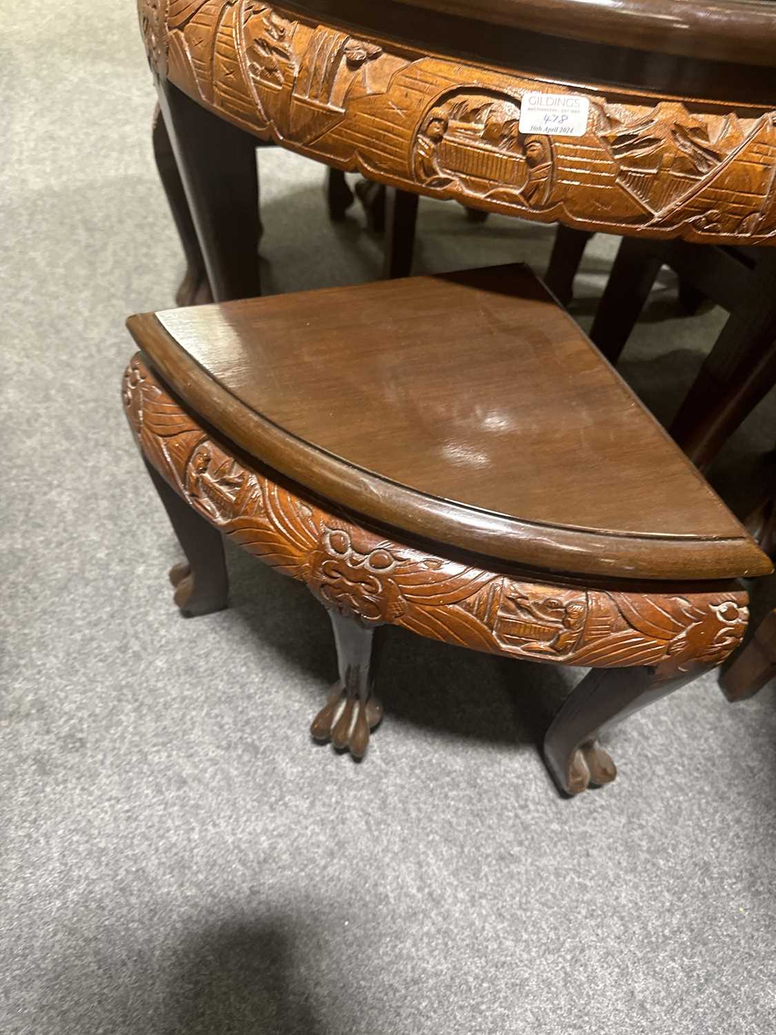 Chinese carved wood table and four nesting stools. - Image 4 of 6