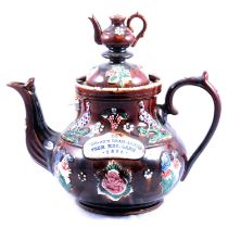 Victorian bargeware teapot, 'To Joe and Leah James, from Mrs Lane' 1884,