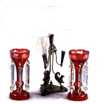 Pair of ruby glass lustres and an epergne,