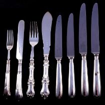 Set of six silver bladed dessert knives and forks, other silver handled cutlery,