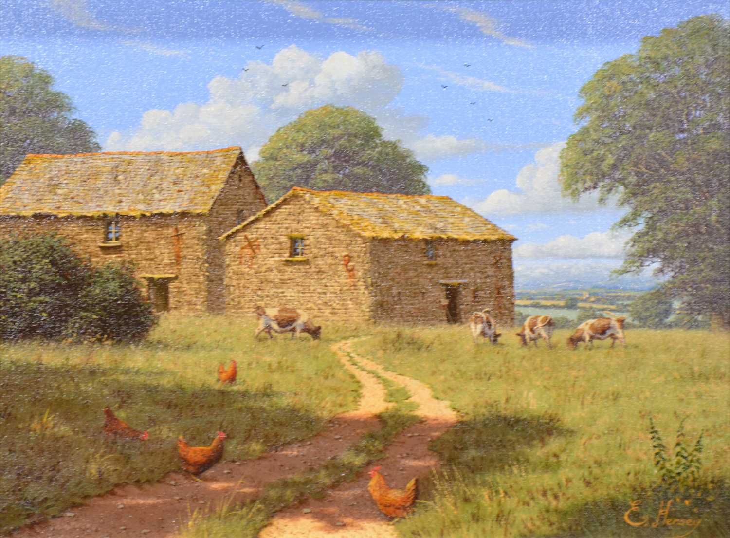 § Edward Hersey, Farm buildings with cattle and chickens,