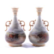 Pair of Royal Worcester vases with highland cattle by Harry Stinton