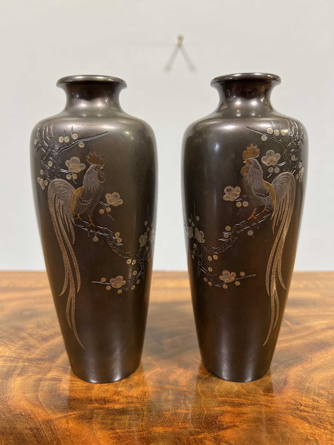 Pair of Japanese bronze vases, signed Mitsufune - Image 2 of 9