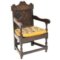 Joined oak ‘Wainscot’ chair, in part 17th century,