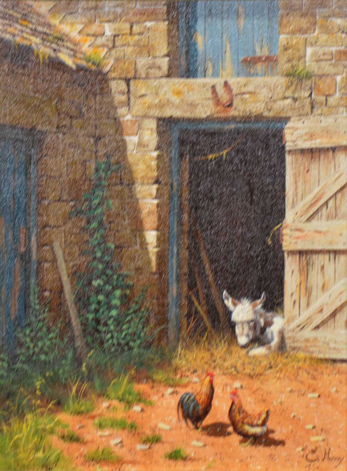 § Edward Hersey, Donkey and chickens in a yard,