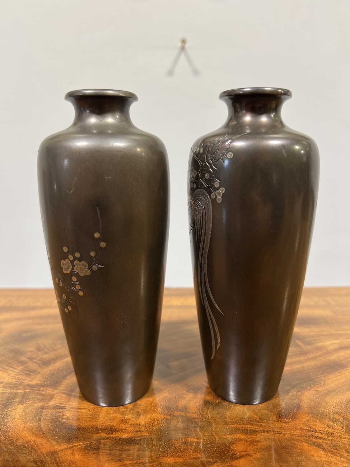 Pair of Japanese bronze vases, signed Mitsufune - Image 3 of 9