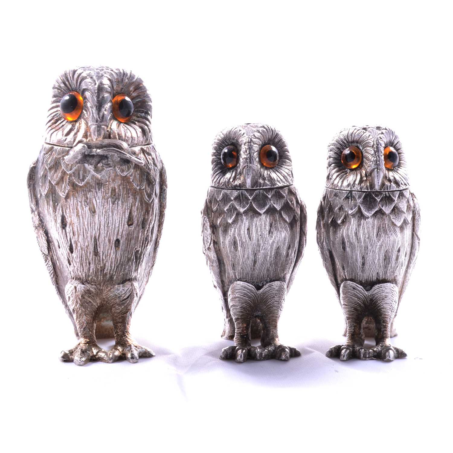 A set of novelty silver Owl condiments, Richard Comyns, London