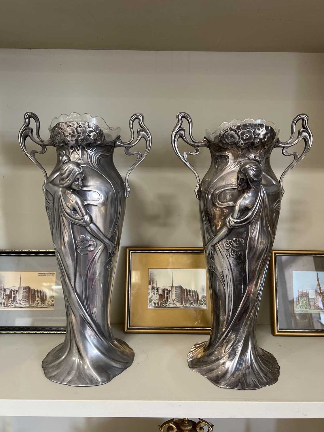 Large pair of Art Nouveau figural pewter vases by WMF - Image 2 of 5