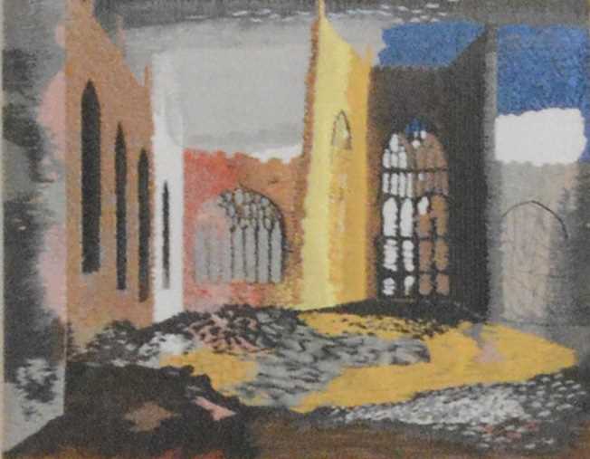 § John Piper, Coventry Cathedral 1940, silk panel,