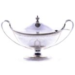 Silver pedestal lidded sauce tureen with ladle,