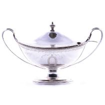 Silver pedestal lidded sauce tureen with ladle,