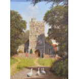 § Edward Hersey, Church with geese on a lane,
