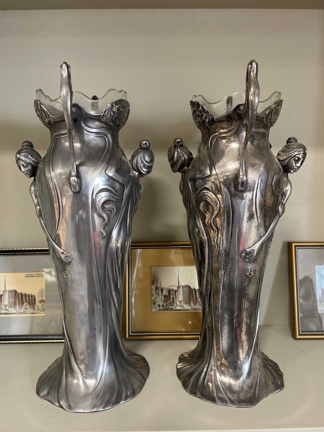 Large pair of Art Nouveau figural pewter vases by WMF - Image 3 of 5