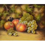John F Smith, Still life of fruit against a mossy bank, a pair,