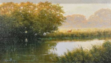 David Morgan, River landscape with sheep,