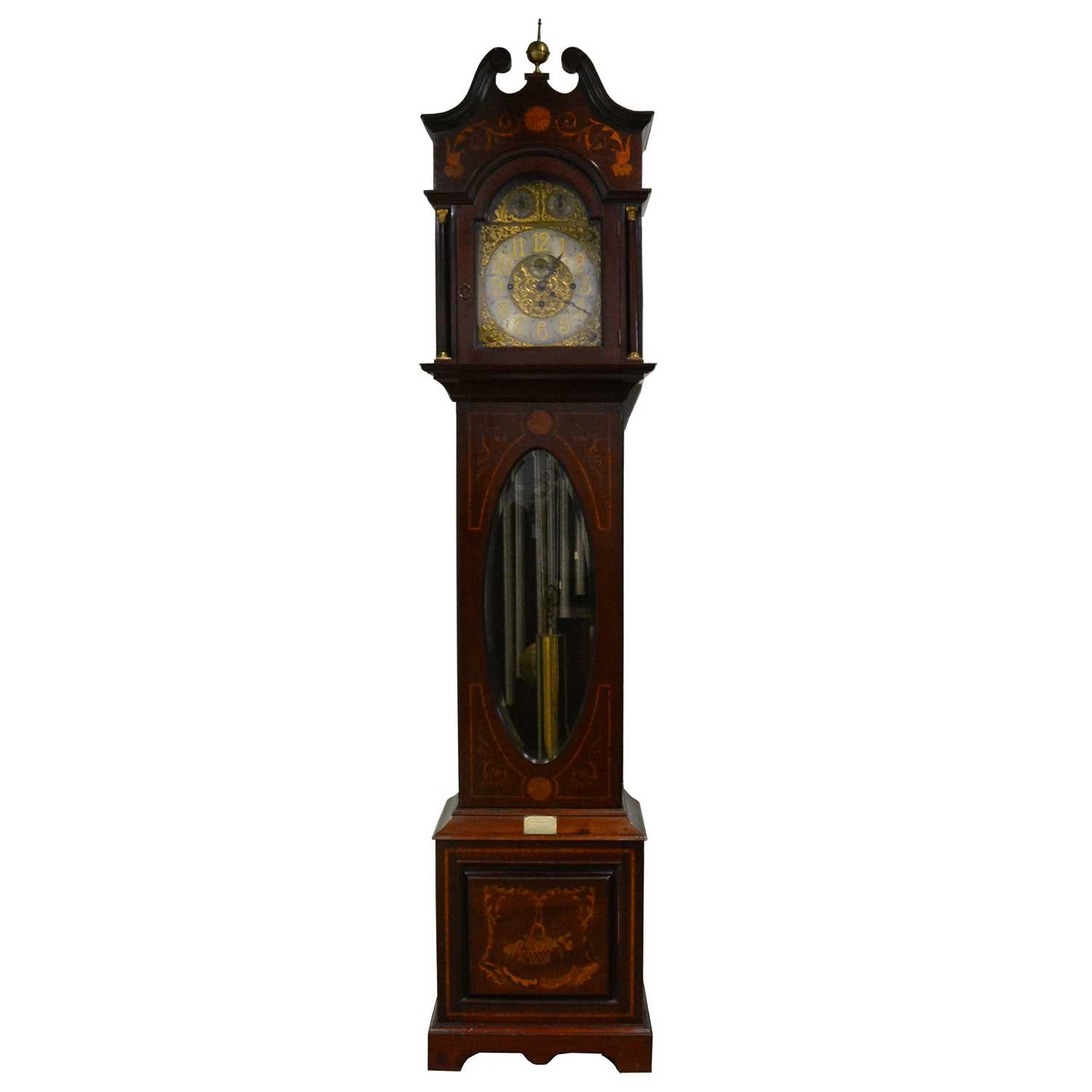 Edwardian mahogany marquetry longcase clock, striking on tubular bells,