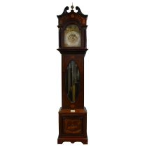 Edwardian mahogany marquetry longcase clock, striking on tubular bells,