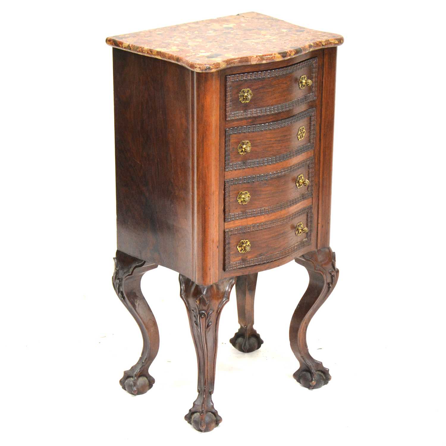 French rosewood bowfront bedside commode, Breccia marble top,