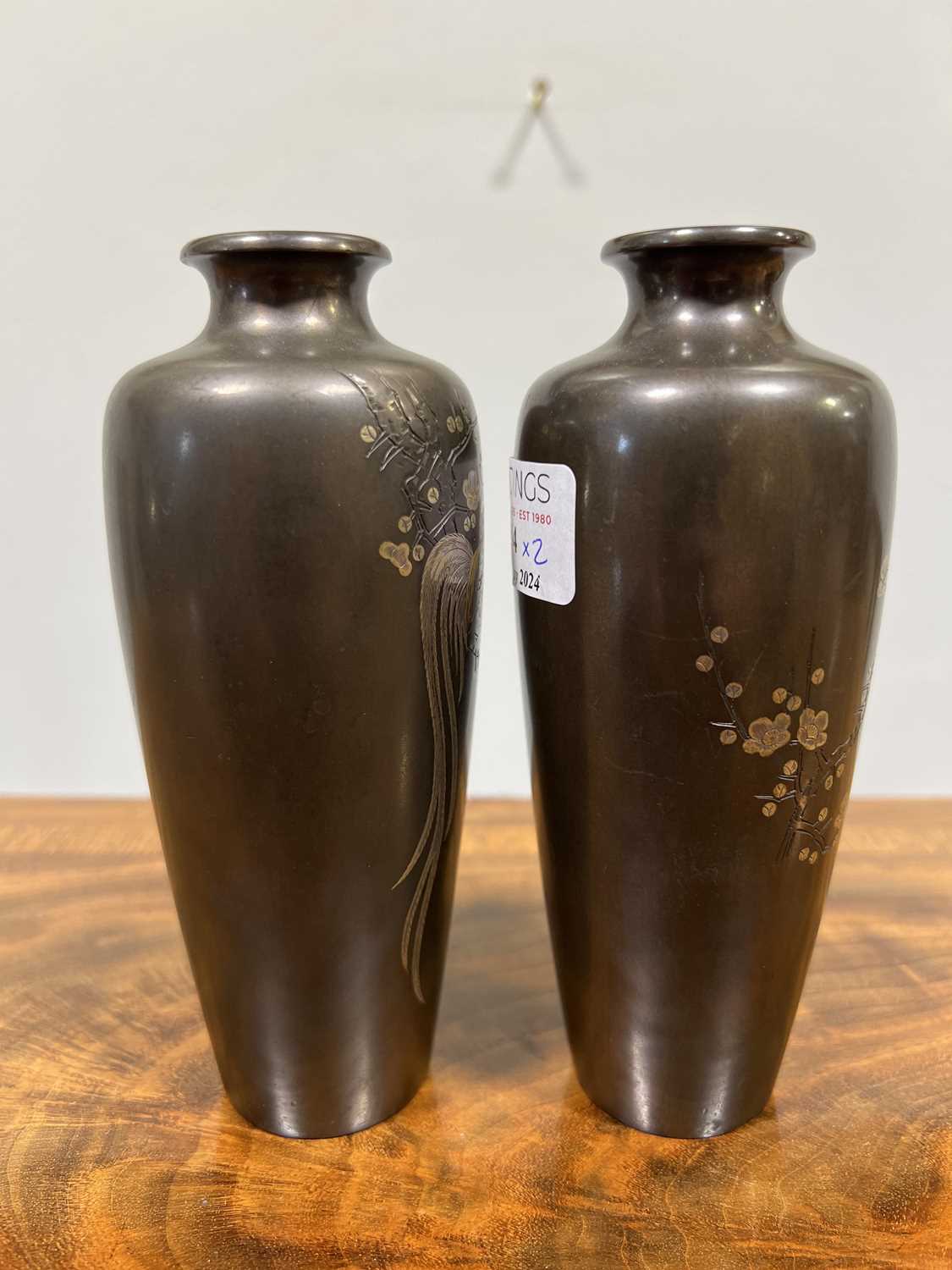 Pair of Japanese bronze vases, signed Mitsufune - Image 6 of 9