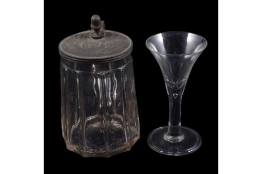 Conical-shape wine glass, and a pewter lidded tankard,