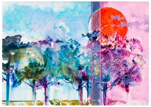Gianni Ambrogio (1928 - 2016) Paesaggio con alberi e sole rosso, 1981