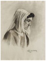 Luigi Serena (1855 - 1911) Ritratto di donna con velo bianco, 1880-1885