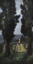 Emma Ciardi (1879 - 1933) Paesaggio con sfilata di carrozze, 1903