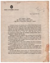 Luigi Federzoni (Bologna 1878 - Roma 1967) Reale Accademia d’Italia Documento a stampa firmato Due
