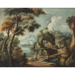 Tommaso Porta (1686 - 1768) Paesaggio fluviale con arco roccioso, 1755 circa
