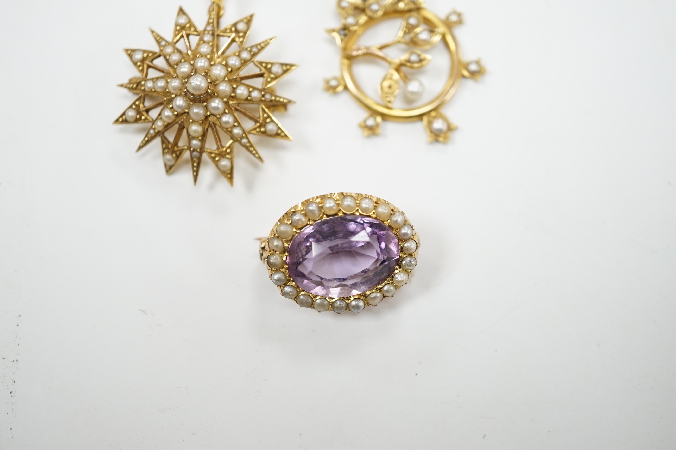 A Victorian 15ct, amethyst and seed pearl foliate pendant and a similar yellow metal and seed - Image 4 of 5
