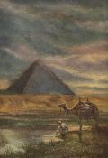 Early 20th century, oil on canvas, Figure and camel before a pyramid, 32 x 22cm