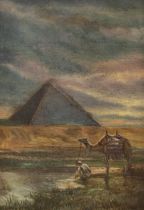 Early 20th century, oil on canvas, Figure and camel before a pyramid, 32 x 22cm
