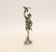 A late Victorian silver miniature model of a Falconer, on a circular base, import marks for Berthold