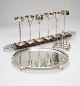 Ten silver plated items, including six good trays, a wine cooler, an Art Nouveau bowl raised on 3