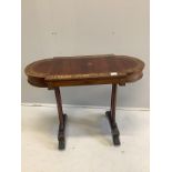 A Regency cut brass inlaid rosewood table with twin hinged flap top, lacks silks box, width 94cm,