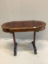 A Regency cut brass inlaid rosewood table with twin hinged flap top, lacks silks box, width 94cm,