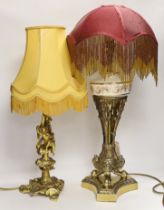 A Victorian-style brass and ceramic table lamp with beaded shade, and one other with cherub
