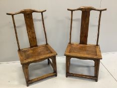 A pair of Chinese pine and fruitwood side chairs, width 65cm, depth 47cm, height 116cm